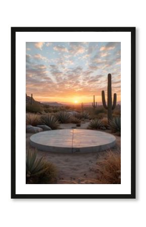 Minimalist circular platform set in a serene desert landscape at sunrise, surrounded by towering cacti and warm golden light, creating a peaceful natural scene ideal for product display or presentatio