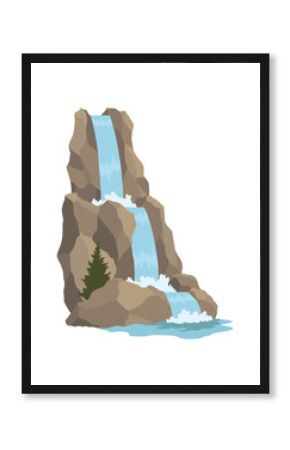 Cartoon river cascade waterfall. Landscape with mountains and trees. Design element for travel brochure or illustration mobile game. Fresh natural water