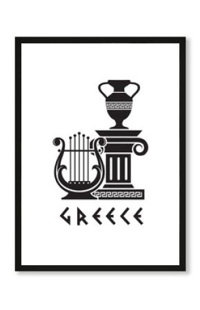 ancient greek symbol with column, amphora and lyre isolated on white background