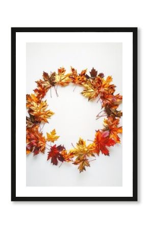 Vibrant autumn leaves arranged in circle on white background