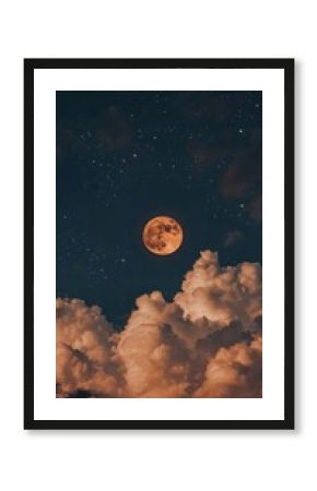 Full moon rising over dramatic clouds, night sky view. Cosmic nature and tranquility concept