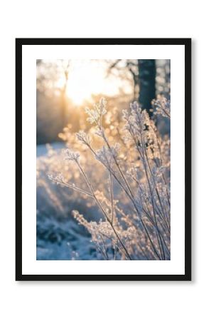 Frozen branches shimmer in the early sunlight, representing the beauty of a winter morning.