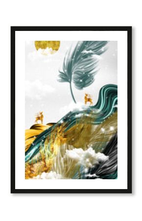 canvas wall art. 3d multi-colors feathers and white clouds and golden deer and sun.