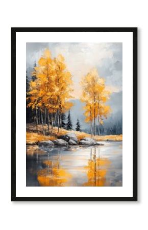 Autumn serenity a tranquil landscape of golden trees reflected in a calm lake amidst misty mountains