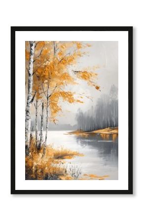 Serene autumn reflections a tranquil landscape of golden leaves and still waters in a misty horizon