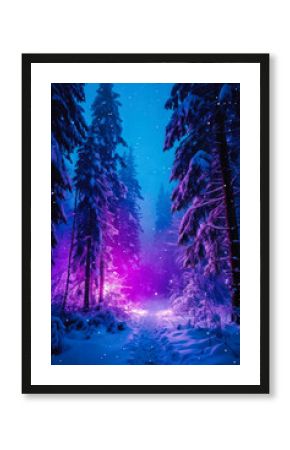 Snow-covered forest at night illuminated by neon purple lights, creating a surreal and mystical atmosphere. Generative AI