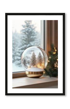 Minimalist christmas snow globe on window background