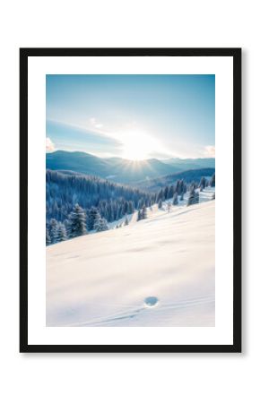 Stunning panorama of snowy landscape in winter. Deep snow on forest field soft sunlight, idyllic winter adventure, outdoor scene. Peaceful nature background. Snowy mountain sunshine, picturesque. Ai