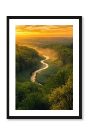 A serene sunset over the meandering Cuyahoga River in Cuyahoga Valley National Park, capturing nature's beauty in golden hues