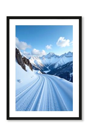 Snow-covered mountain road with a clear blue sky, winter adventure