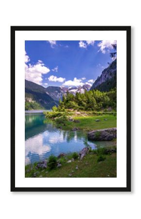 Beautiful nature on the shores of the Vorderer Gosausee lake near Gosau, Austria, sunny summer day