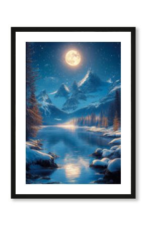 Mystical Winter Mountain Lake under Full Moon Digital Art Night Landscape