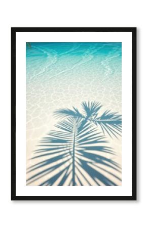 Tropical beach paradise, crystal clear turquoise water, white sand, palm leaf shadow, underwater ripples, sunlight, tranquil ocean floor, summer vacation vibes, aerial view, minimalist composition, hi