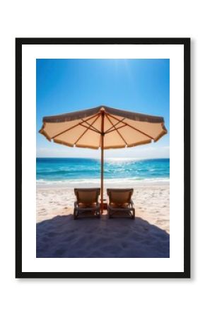 Beach Wallpaper of Blue sea and white sand beach with beach chairs and parasol beach wallpaper summer wallpaper beach background tropical nature