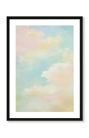 Soft pastel colored cloudscape painting with light blue, pink, yellow and green hues creating a dreamy and ethereal atmosphere, perfect for background, texture or design element