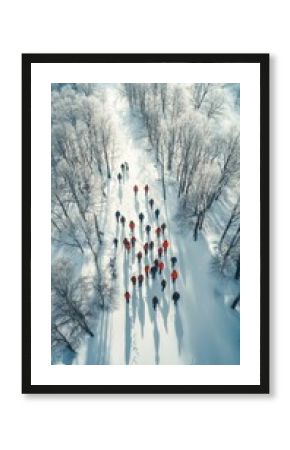 Aerial View of People in Red and Black Amidst Snow-Covered Forest