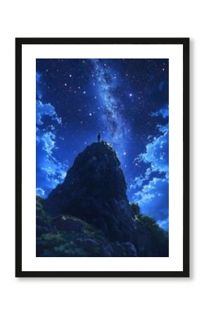 A lone figure stands atop an epic mountain peak, gazing at the vast expanse of stars above, symbolizing personal achievement and strength under extreme conditions. The backdrop is a breathtaking night