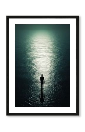 Vast ocean with a tiny silhouette of a swimmer, dramatic lighting, representing fear of deep water