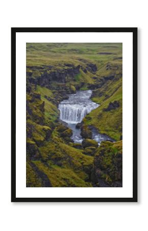 Hestavaosfoss, Fosstorufoss, Steinbogafoss waterfalls above Skogafoss waterfall summer 2024 Ring Road South coast of Iceland, Scandinavia, Europe.