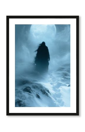 Solitary Figure in a Moonlit Landscape:  A mysterious figure clad in a long black robe walks alone across a snow-covered landscape, illuminated by a large, bright moon.