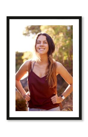 Portrait, travel and relax with woman in nature for hiking, adventure and summer vacation. Trekking, tour guide and eco tourism with person outdoors for environment, wildlife reserve and trip