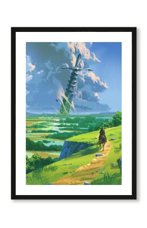 A rider on horseback journeys through a lush valley toward an enormous sword embedded in the distant earth under a dramatic sky, digital art style, illustration painting