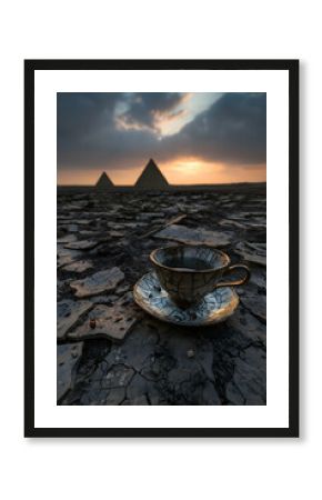 Ornate Teacup on Cracked Desert Earth at Sunset with Pyramids in Background