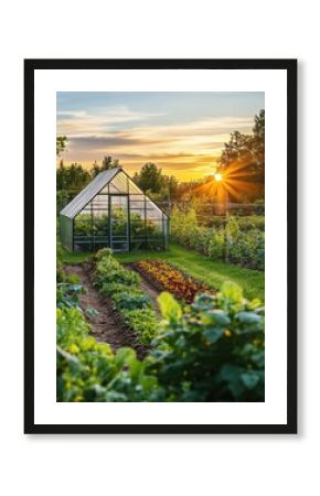 Vibrant garden at sunset with a greenhouse and flourishing plants in a tranquil rural setting