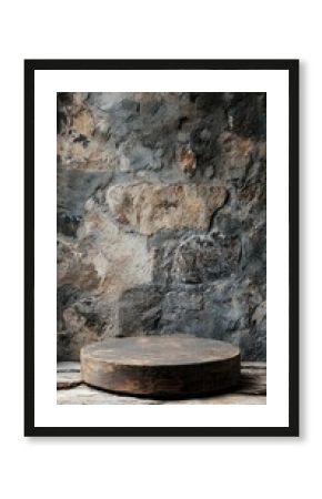 a wooden round table and stone wall 