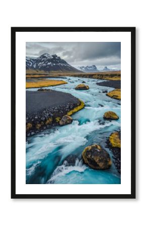 Icelandic glacial river blooming with vibrant colors.