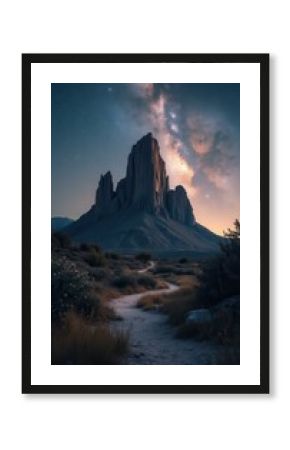 Towering rock formation under a star-filled sky, desert path leading to it, cinematic landscape