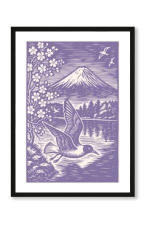 Vintage woodcut vector art. Japanese landscape featuring Mount Fuji, a lake with reflections, flying seagulls, and foreground cherry blossoms.