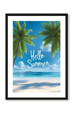 Summer Begins with a Tropical Island Illustration and "Hello Summer" Greeting in Green
