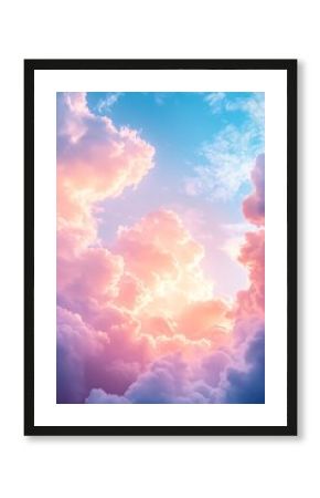 Dreamy Pastel Sky with Pink and Purple Clouds Fluffy Cloudscape Background Heavenly Atmosphere with Sunlight Gradient Colors : Generative AI