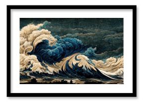 Great wave in ocean water as japanese vintage style illustration