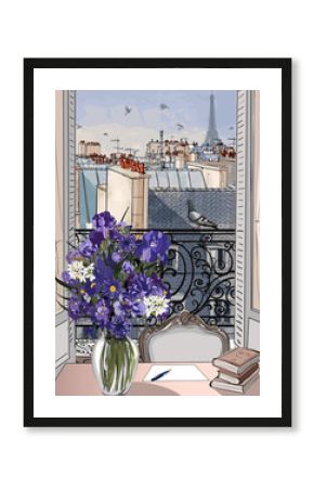 Fototapeta Widok z okna na krajobraz Paryża rysunkowa XXL