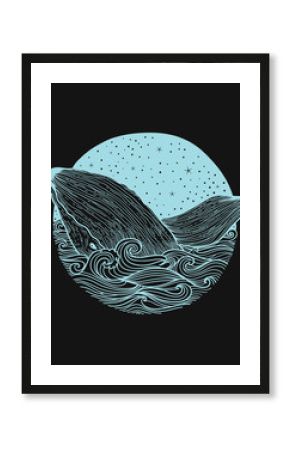 Wieloryb wyskakujący z fal na tle nocnego gwiaździstego nieba i zwijających się fal z elementami zentangle doodle, projekt do druku odzieży, karty, zaproszenia, drukowanie okładki. Na białym tle