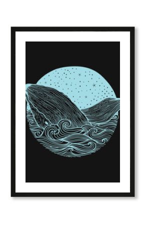 Whale jumping out of the waves on a night starry sky and curl waves background with doodle zentangle elements,design for clothing print, cards,invitations,printing cover.isolated on white background