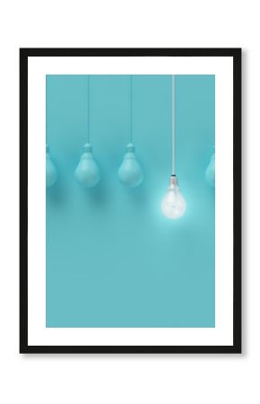 Hanging light bulbs with glowing one different idea on light blue background , Minimal concept idea , flat lay , top