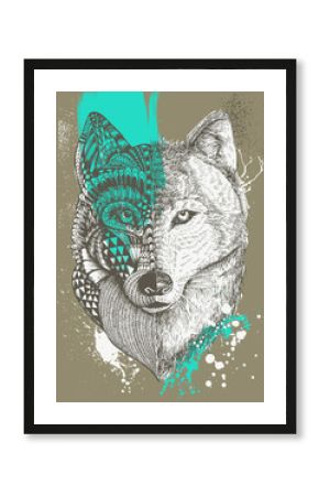 Zentangle stylized wolf with paint splatters, Hand drawn illustration