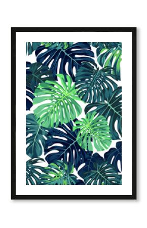 Green vector pattern with monstera palm leaves on dark background. Seamless summer tropical fabric design.