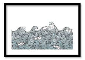 Seamless banner with hand drawn waves and little paper boats, can be tiled horizontally