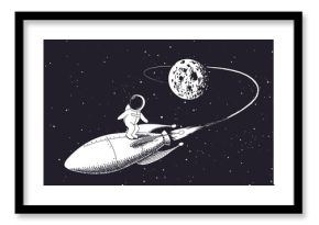astronauta leci z księżyca na rakiecie. dziecinna ilustracja wektorowa. wzór wydruków
