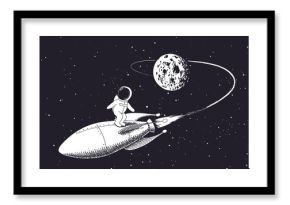 astronaut flies from the Moon on rocket.Childish vector illustration.Prints design