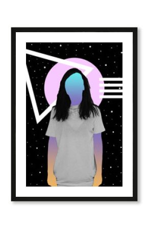 A girl with a newspaper texture and a gradient instead of a face stands against the background of space and geometric shapes.  Contemporary art collage.