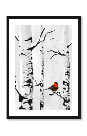 Birch in snow, winter card in vector