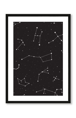 Gwiaździsta noc, bezszwowy wzór, tło z gwiazdami i gwiazdozbiory, wektorowa ilustracja