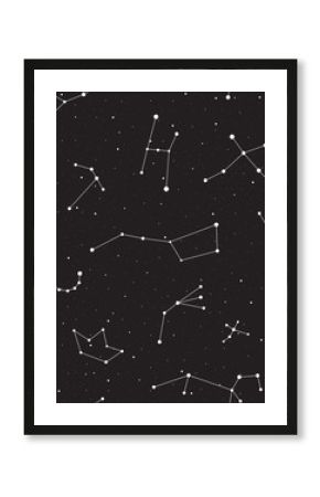 Starry night, seamless pattern, background with stars and constellations, vector illustration