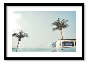 Vintage car parked on the tropical beach (seaside) with a surfboard on the roof - Leisure trip in the summer