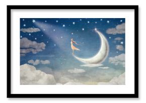 Dziewczyna na księżycu podziwia nocne niebo - ilustracyjna sztuka